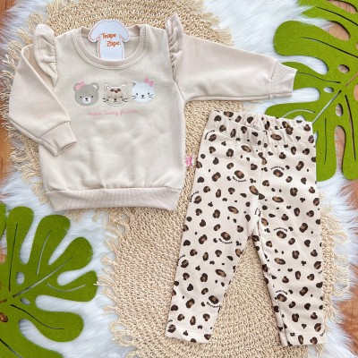 Conj. Casaco de Moletom Super Lovely Friends e Calça Legging - Areia